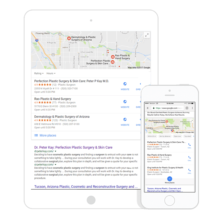 A tablet and phone showing Google Search and Google Maps results for Perfection Plastic Surgery and Skin Care.
